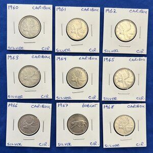 Canada Set of 9 Silver 1960 to 1968 Circulated 25¢ Quarters!